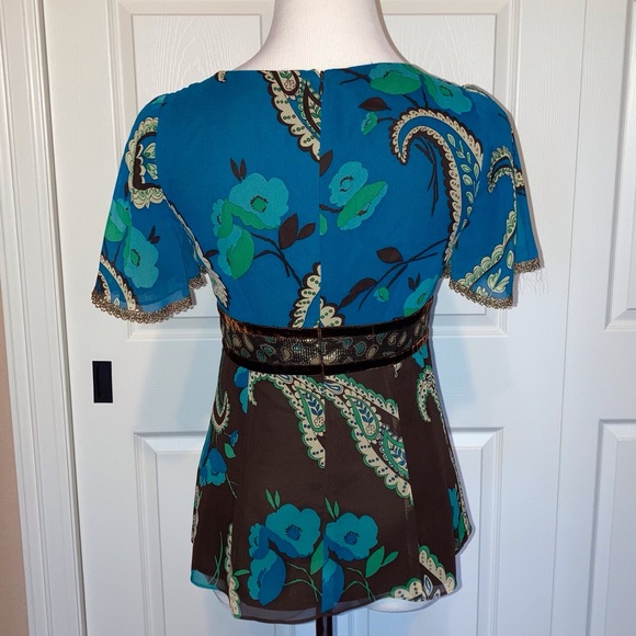 Nanette Lepore 100% Silk 4 Blouse Turquoise Brown Short Sleeve Vintage Designer - Picture 2 of 6
